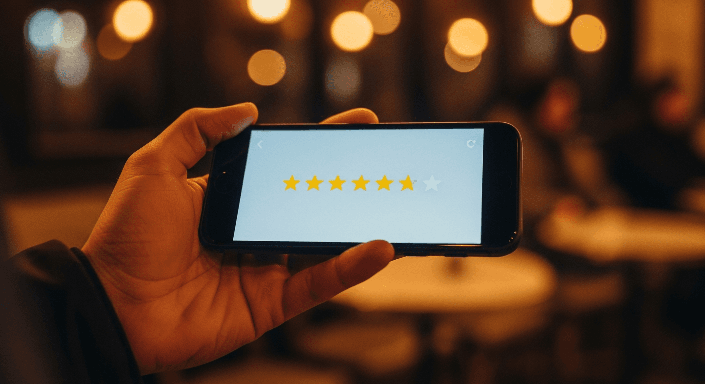 Client parisien laissant un avis Google sur son smartphone après une prestation d'artisan