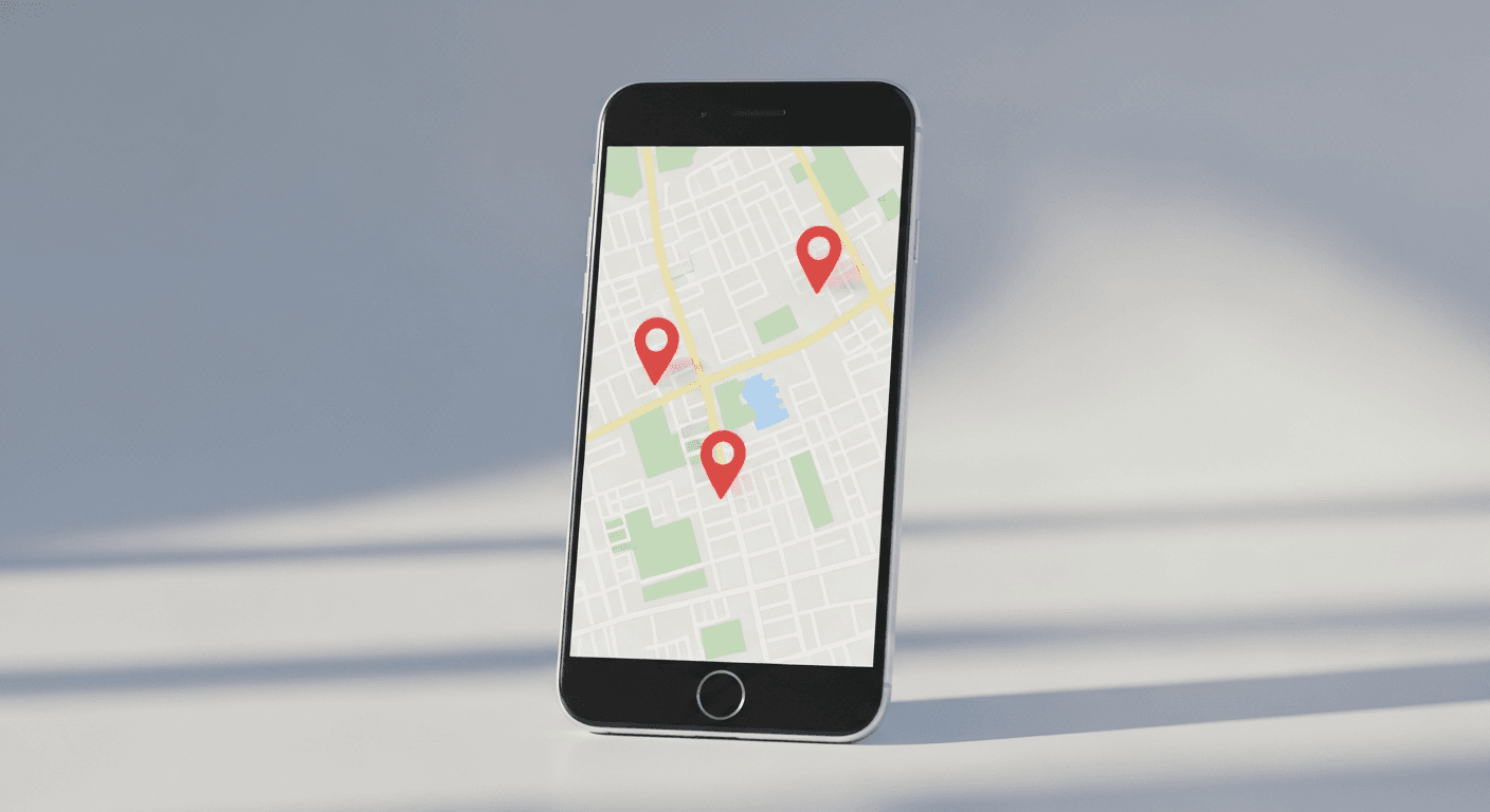 Un téléphone affichant une fiche Google avec cinq étoiles jaunes