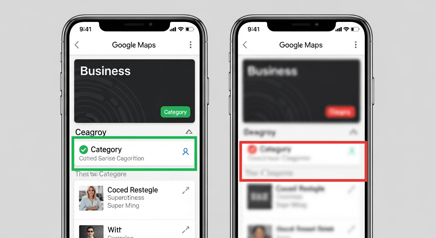 Comparaison de deux fiches Google Maps côte à côte, l'une avec la bonne catégorie bien affichée, l'autre avec une catégorie générique floue