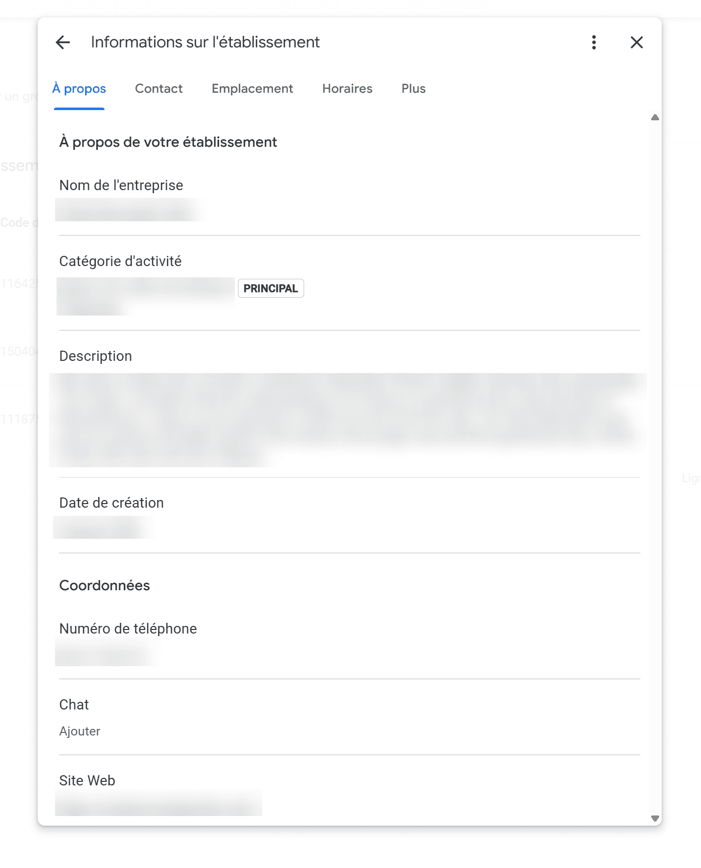 Processus de création d'une fiche Google Business Profile, formulaire avec champs remplis étape par étape
