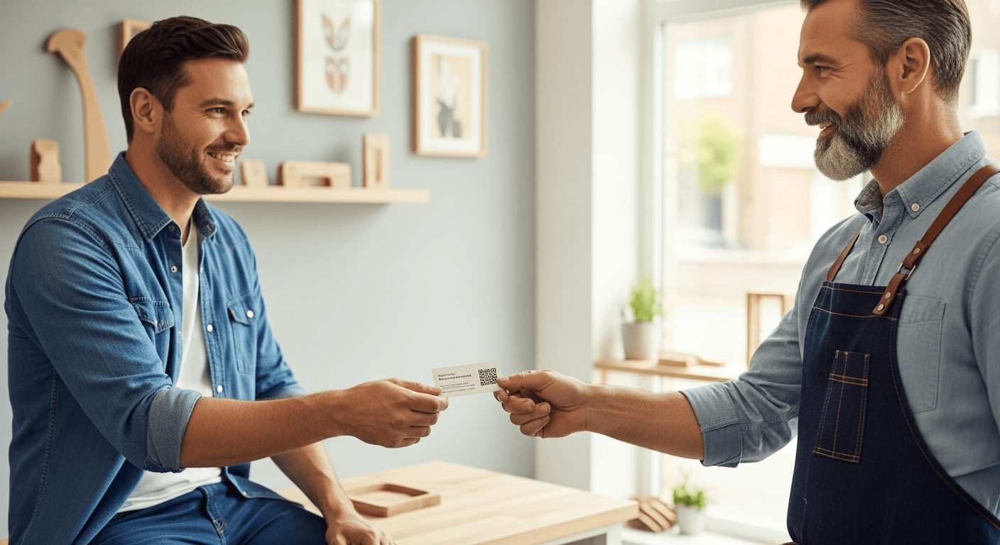 Artisan remettant une carte de visite avec QR code à un client satisfait