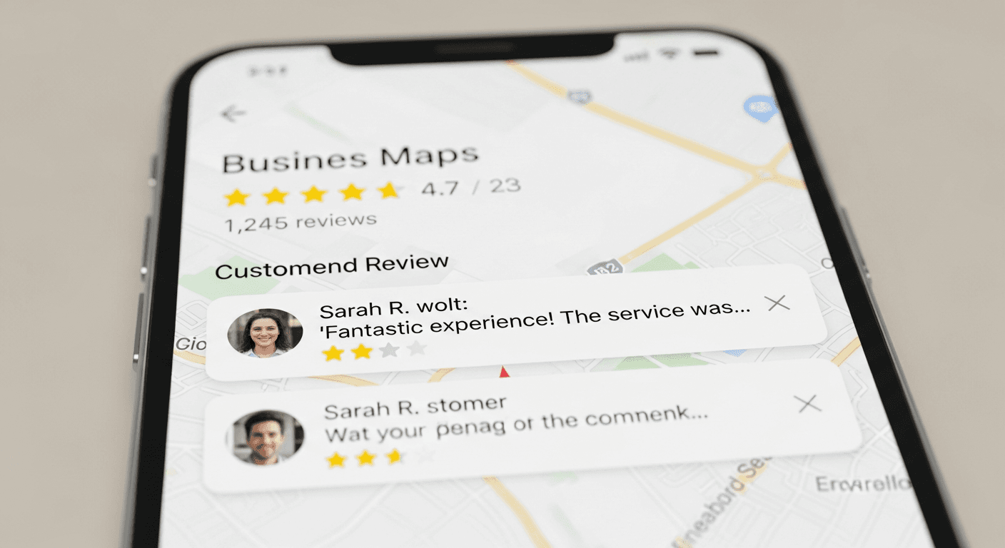 Smartphone affichant des avis Google et une note sur 5 pour un artisan local