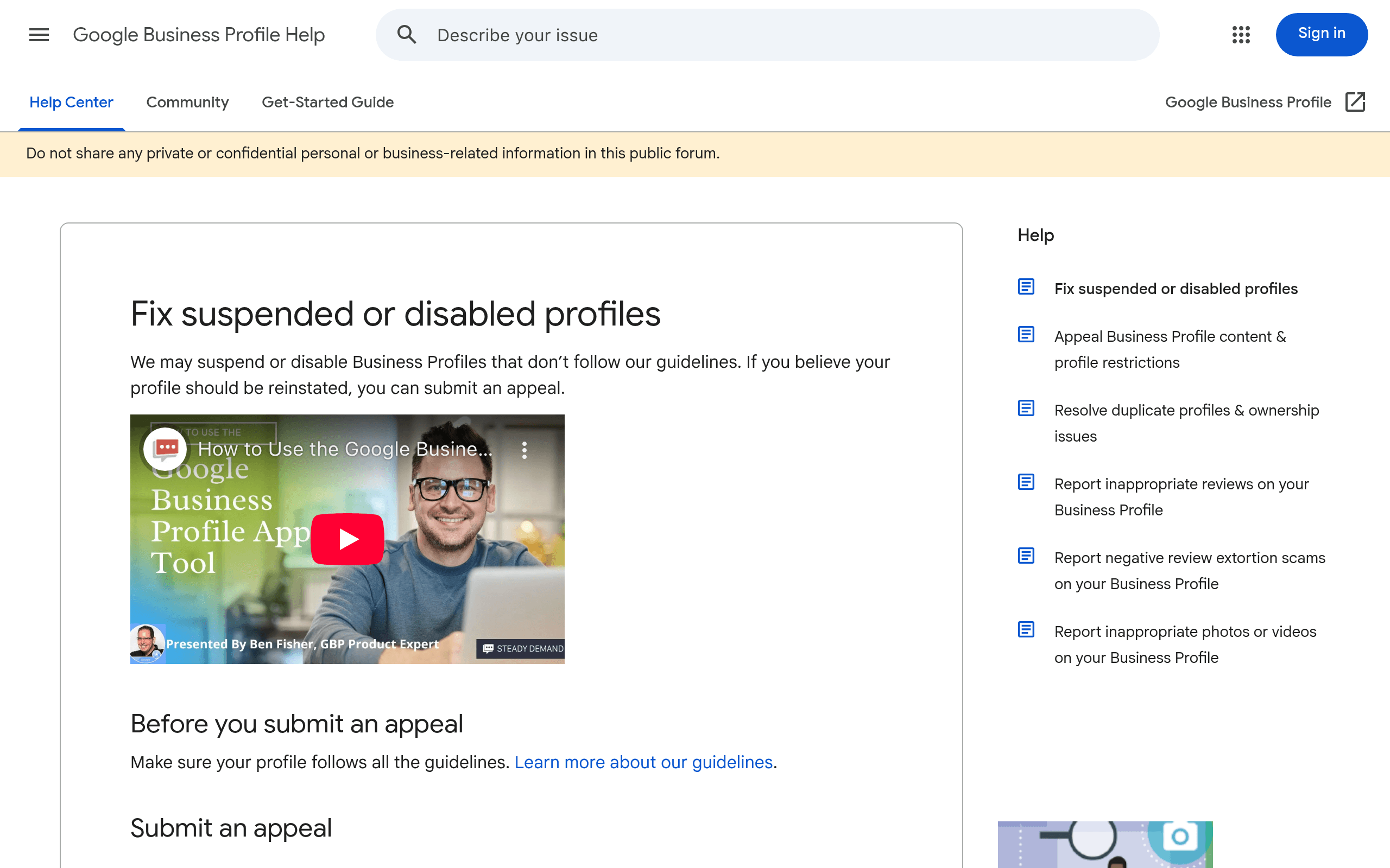 Page d'aide Google pour les fiches suspendues et le formulaire de recours