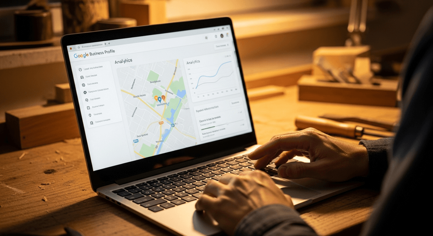 Artisan parisien optimisant sa fiche Google Business Profile sur ordinateur