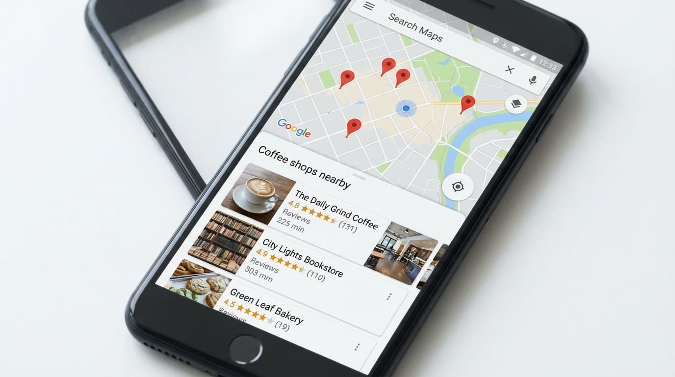 Smartphone affichant des résultats Google locaux avec des fiches d'entreprises