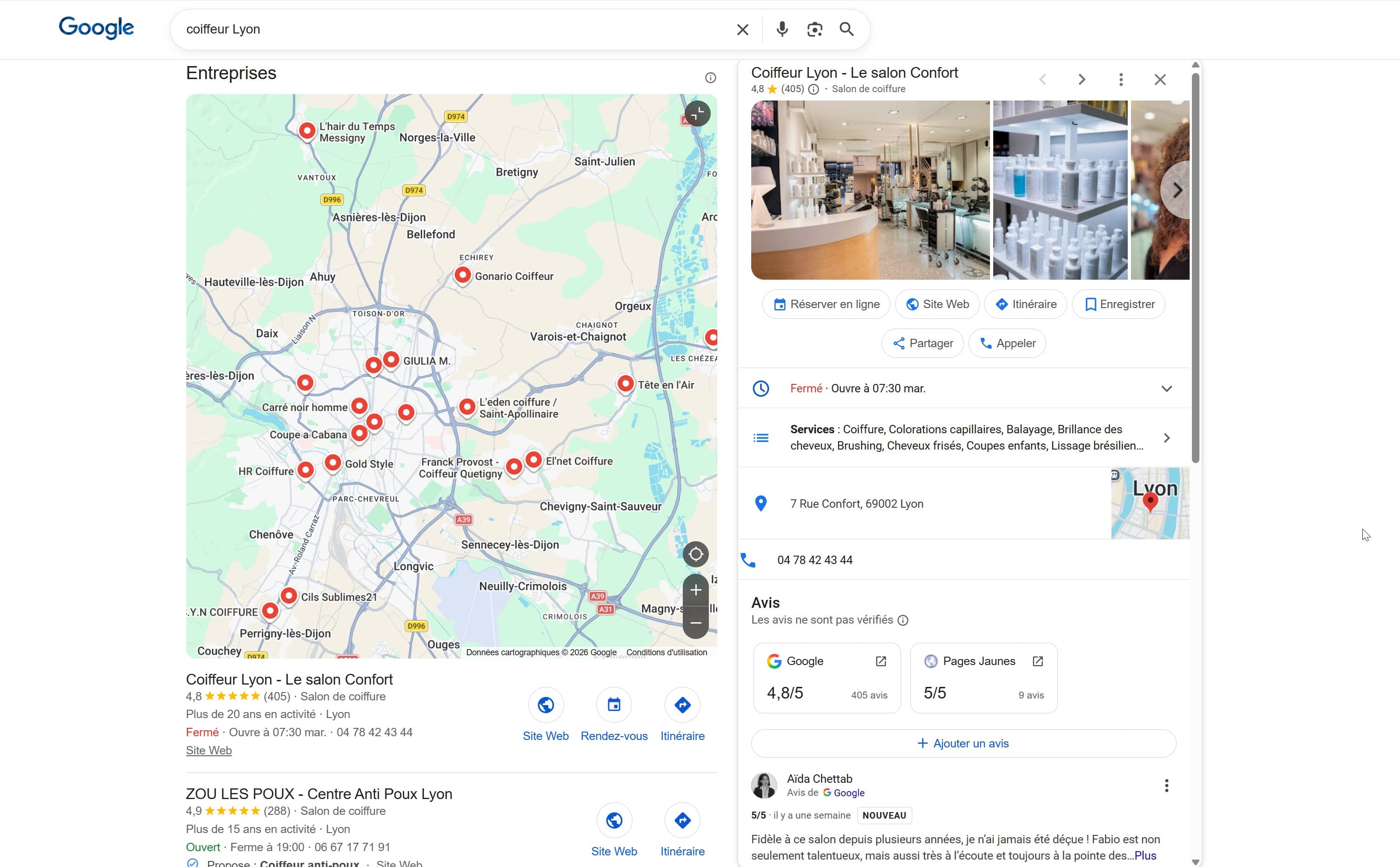 Fiche Google optimisée avec photos, étoiles, horaires et liste de services pour un artisan