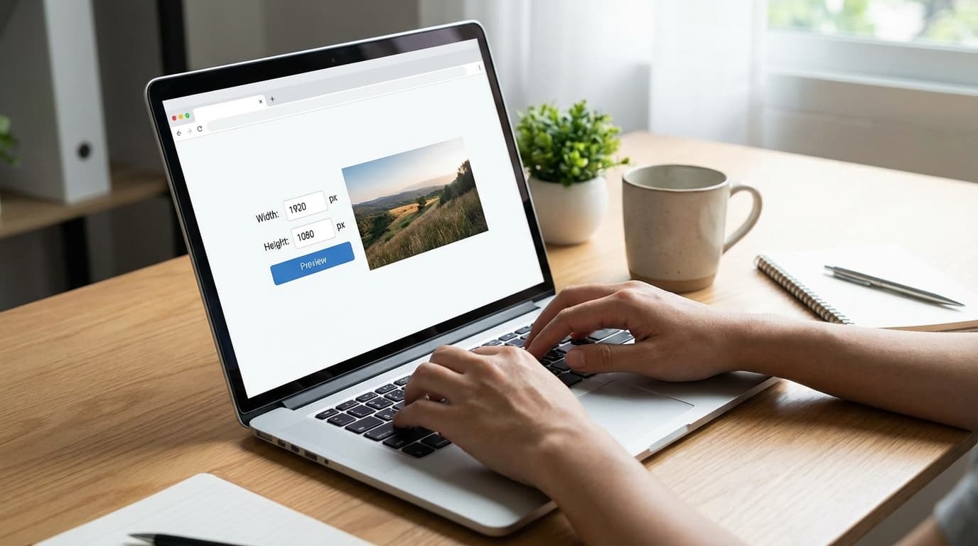 Mains sur un clavier d'ordinateur avec un outil de redimensionnement d'image ouvert dans le navigateur