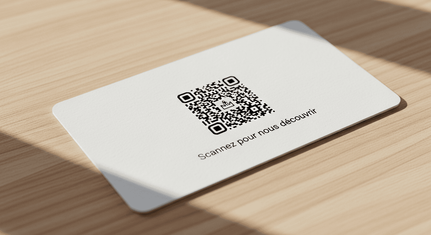 QR code imprimé sur une carte de visite artisan avec texte demande avis Google