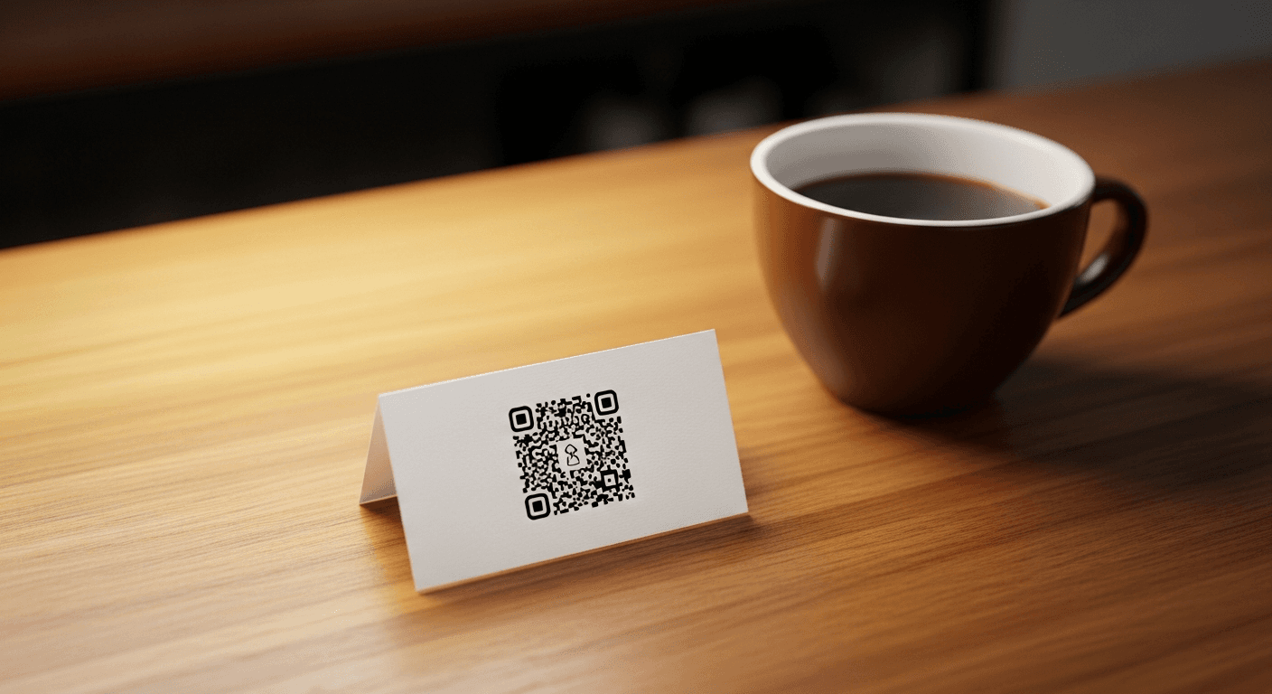 QR code imprimé sur une carte de visite posée sur un comptoir, pour recueillir des avis Google