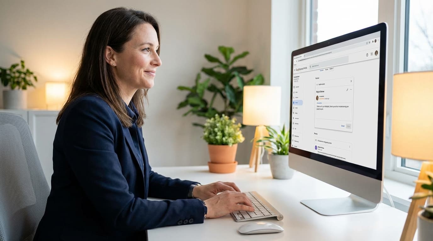 Professionnel rédigeant une réponse calme et posée à un avis Google