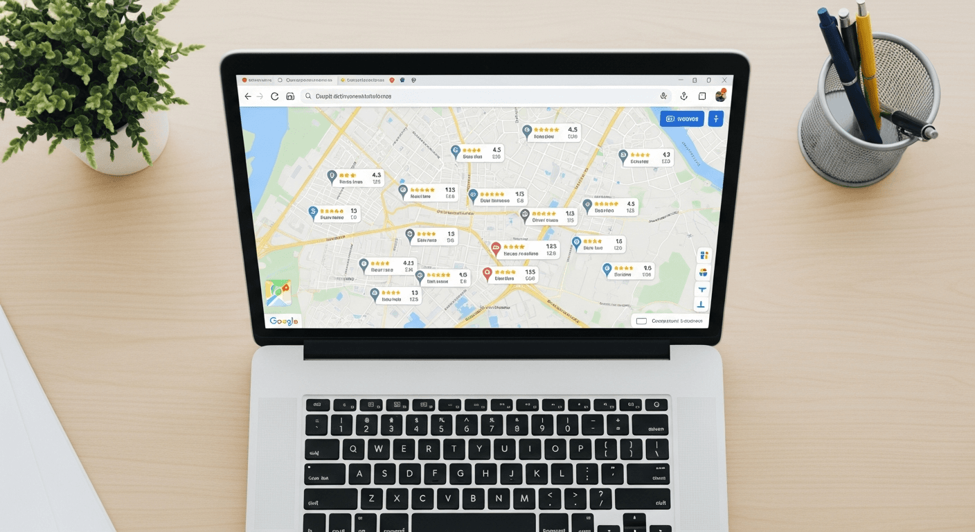 Résultats Google Maps affichant des fiches locales avec notes et avis clients sur un écran d'ordinateur
