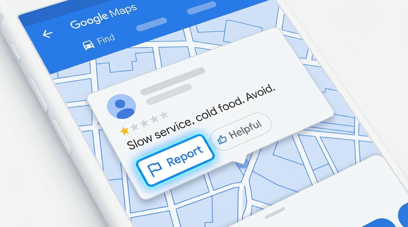 Smartphone affichant Google Maps avec l'option de signalement d'un avis