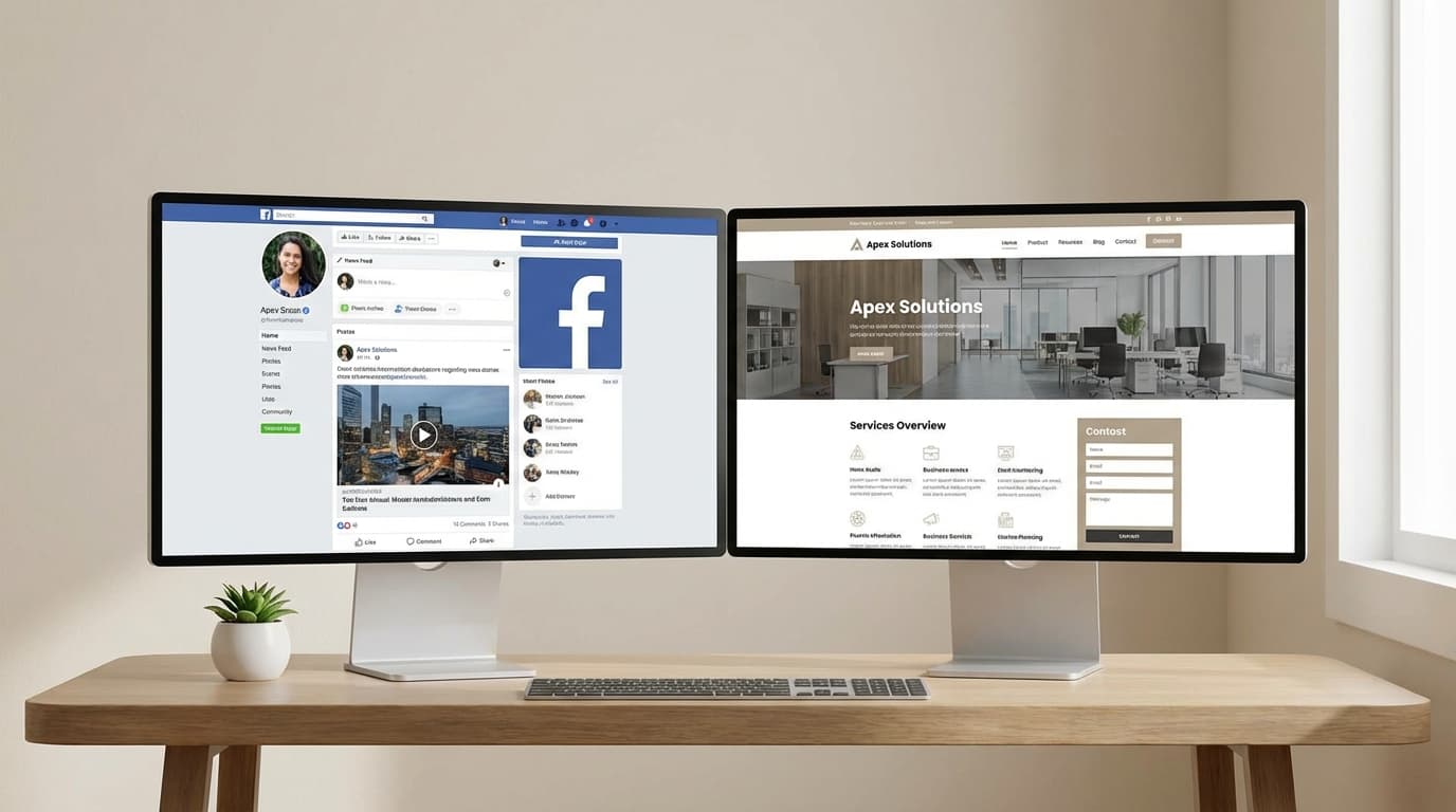 Comparaison entre une page Facebook et un site professionnel sur deux écrans