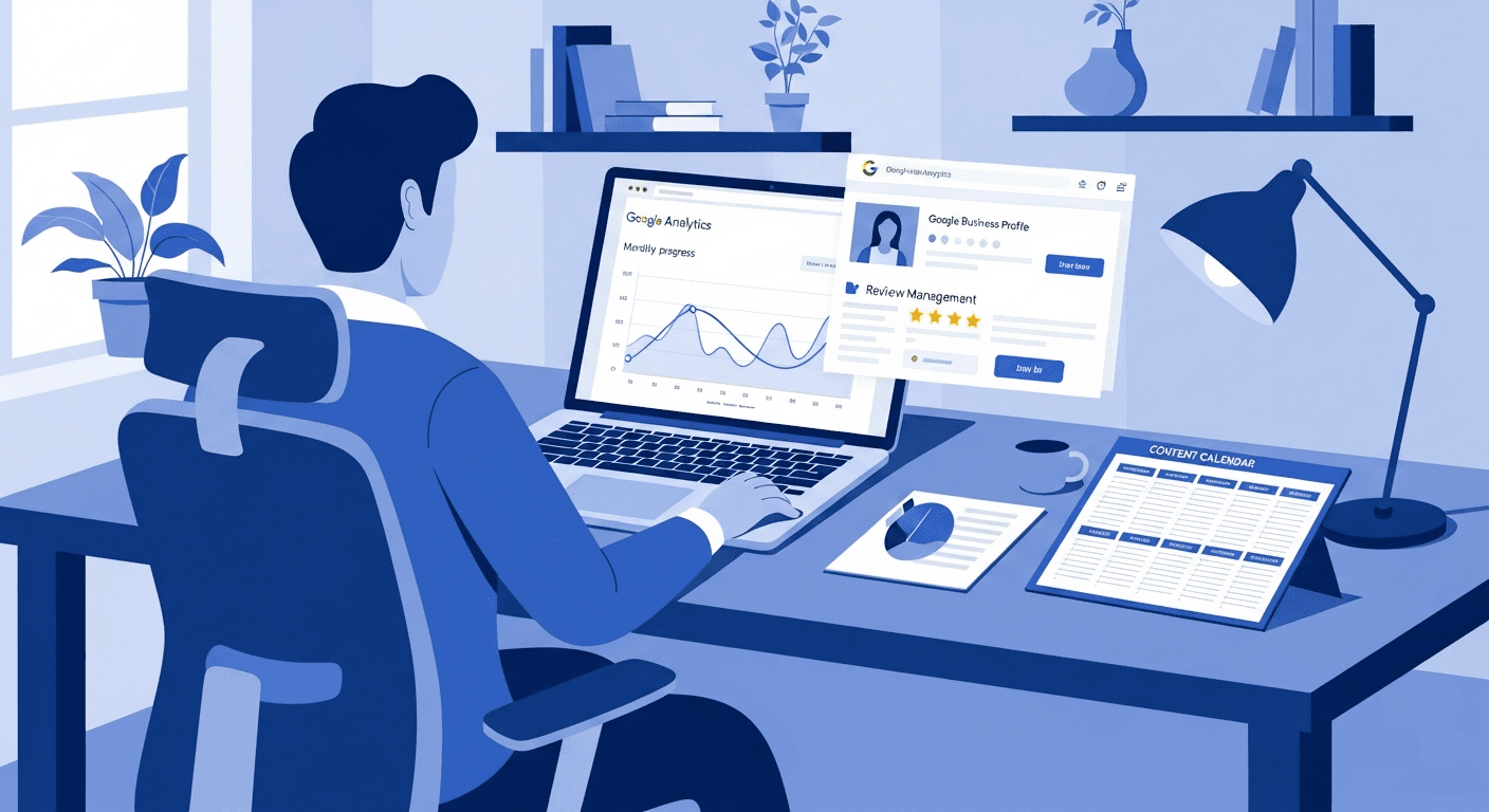 Consultant SEO en accompagnement mensuel : optimisation fiche Google, gestion des avis, publication de posts, reporting