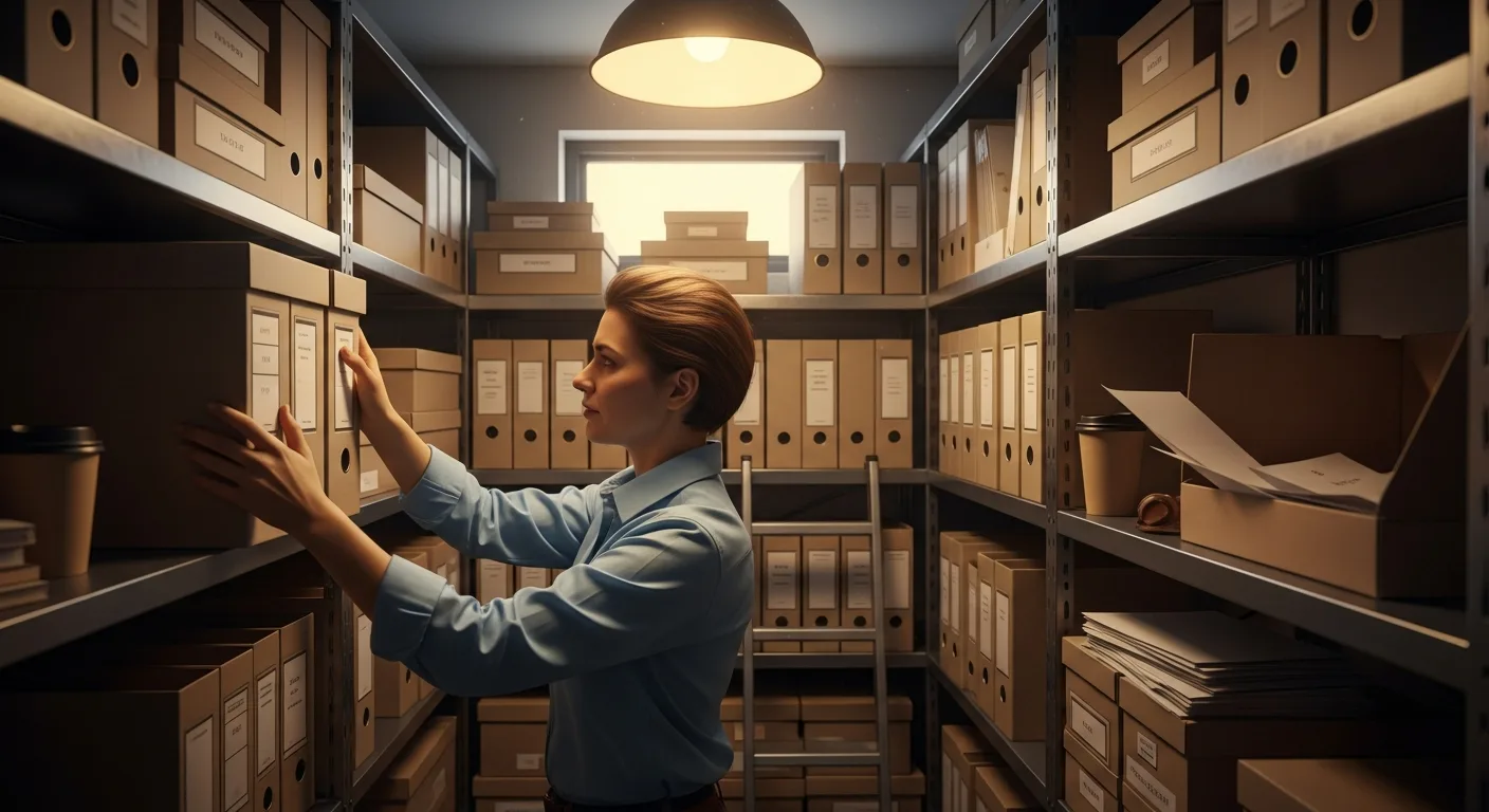 Entrepreneur rangeant des cartons d'archives dans un local de stockage sécurisé