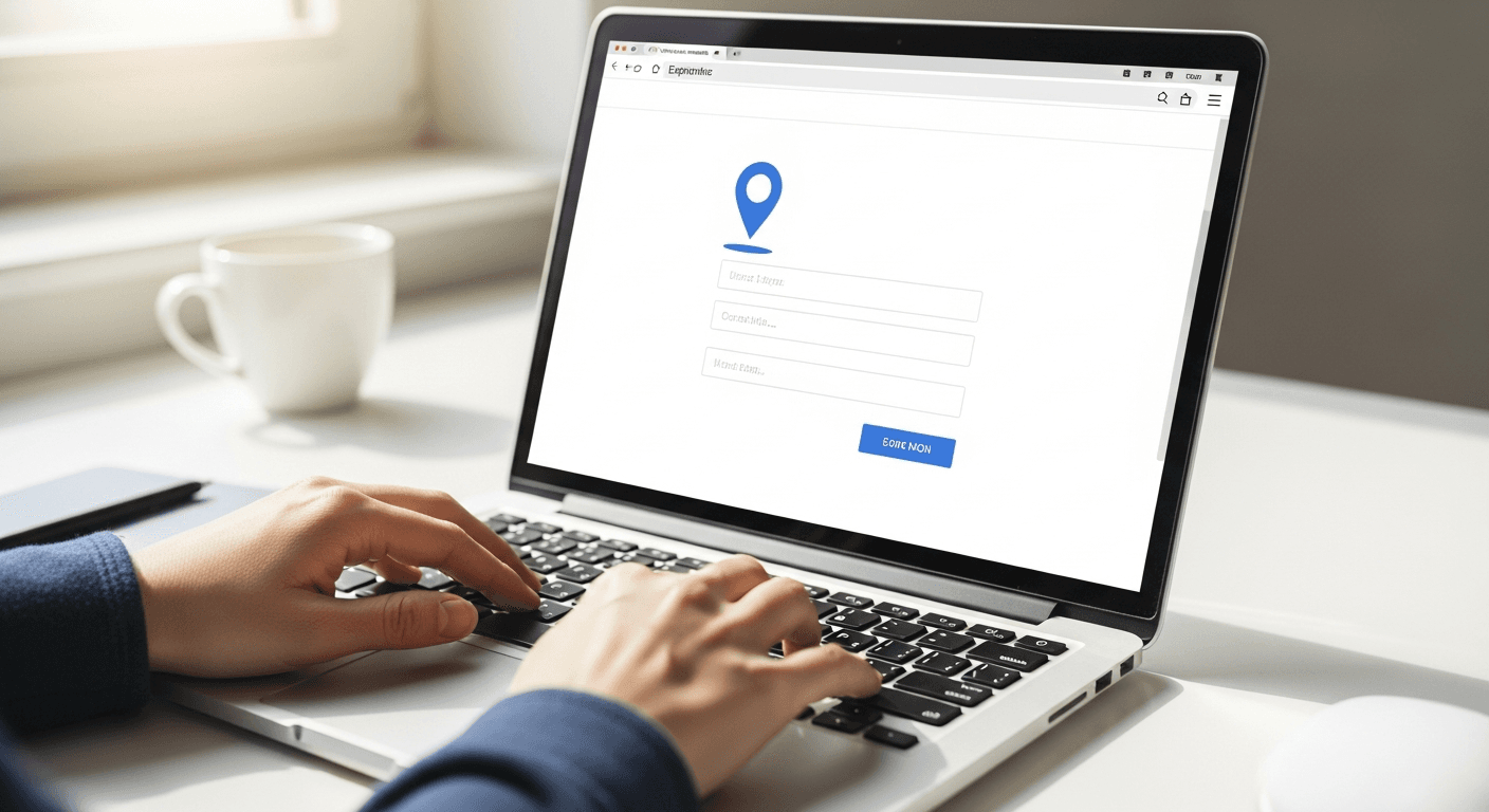 Mains remplissant un formulaire de création de fiche Google en ligne