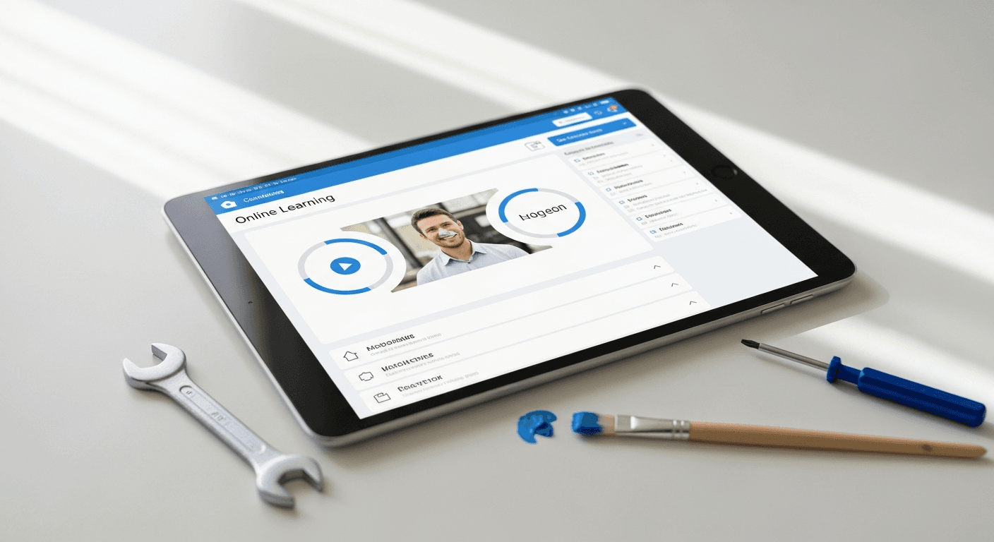 Tablette et outils d'artisan sur un bureau blanc pour se former à Google My Business en ligne