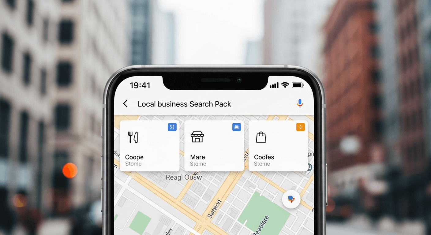 Smartphone affichant le pack local Google Maps avec trois fiches d'entreprises locales en tête de recherche