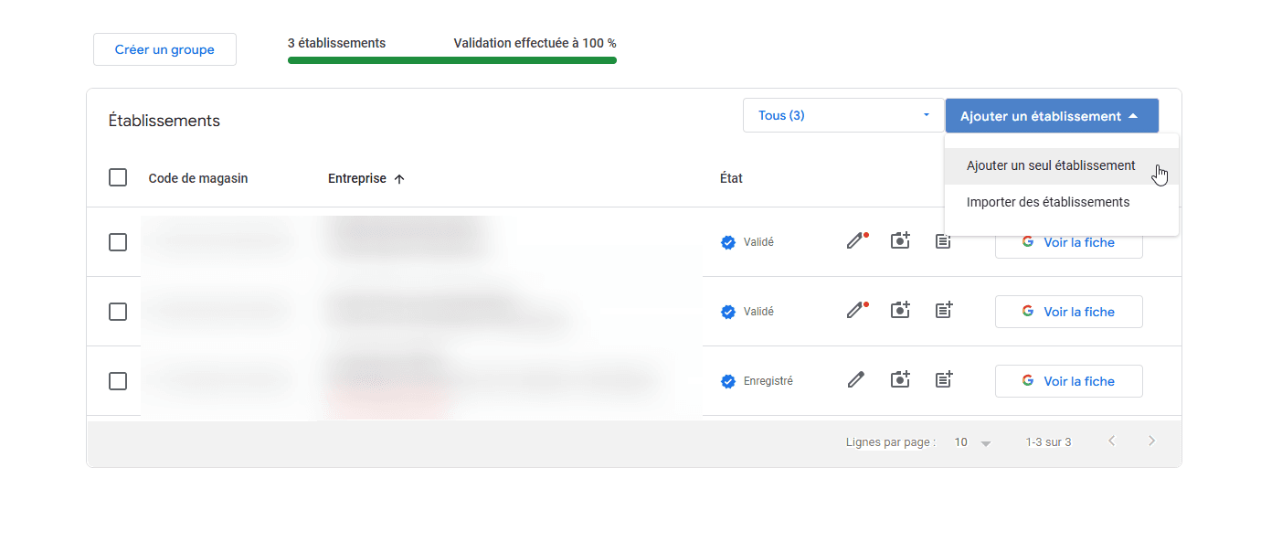 Formulaire Google Business Profile — ajout d'un établissement