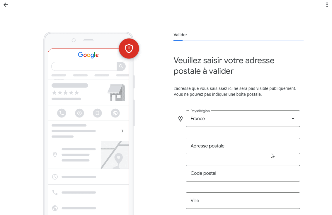 Écran Google Business Profile demandant l'adresse postale pour valider l'établissement
