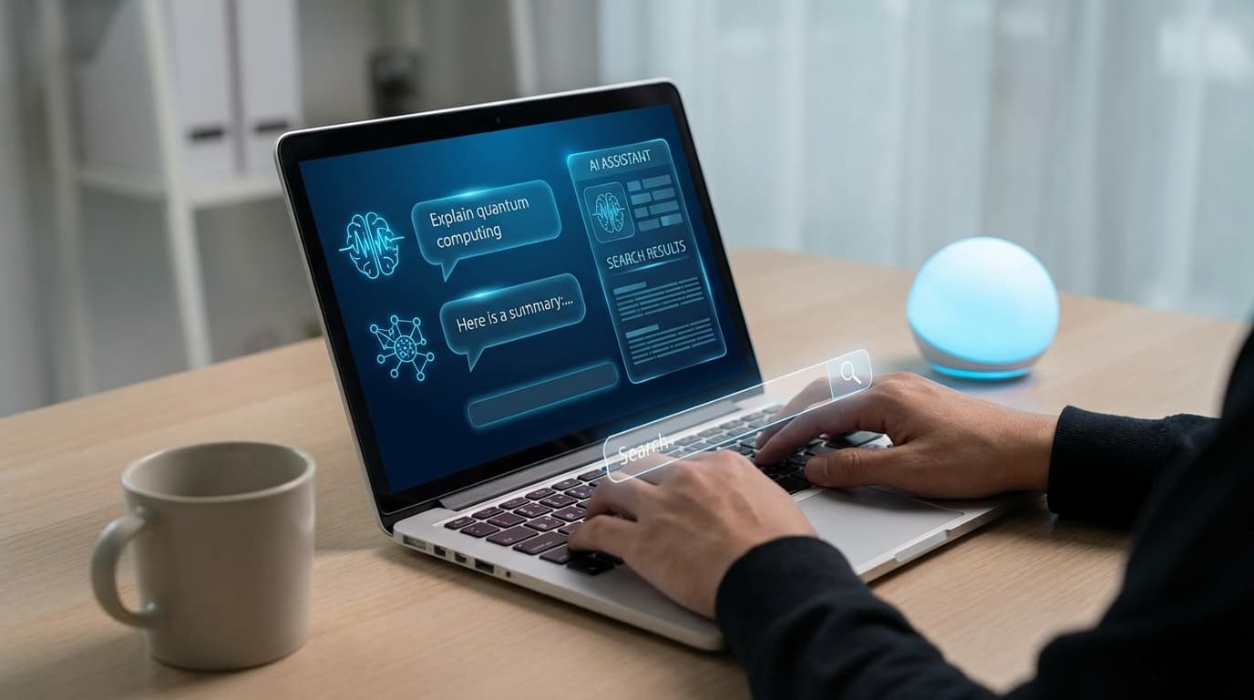 Personne utilisant un assistant IA sur ordinateur pour effectuer des recherches