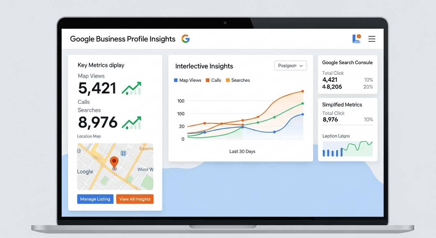 Tableau de bord des outils de suivi SEO local : Google Business Profile Insights et Google Search Console sur ordinateur
