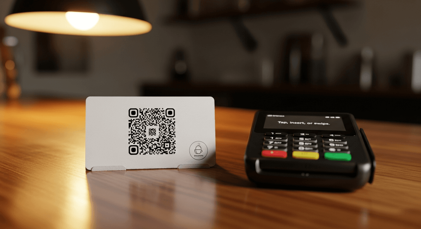 QR code imprimé posé sur un comptoir avec la mention laisser un avis