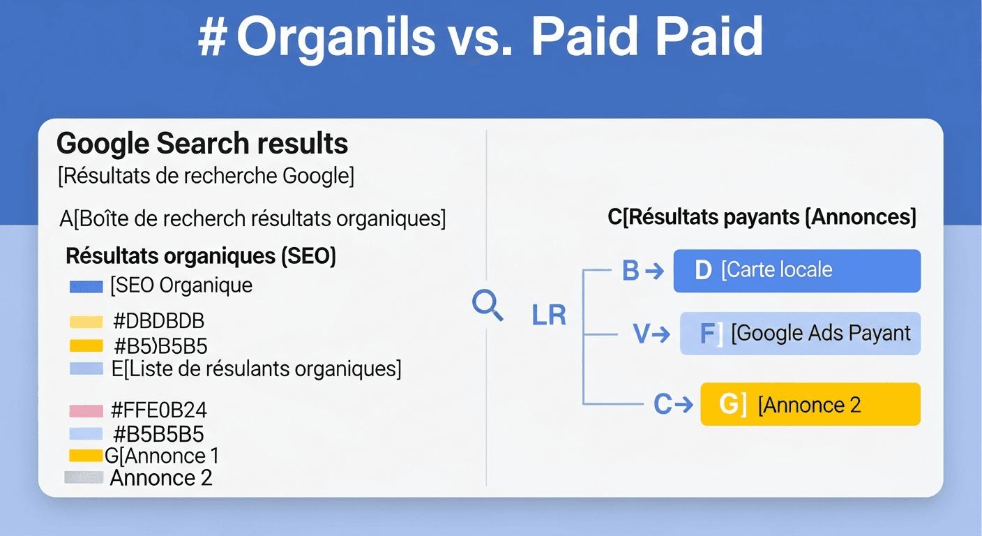 Comparaison entre résultats de recherche naturels (SEO) et annonces payantes (Google Ads) dans les résultats Google