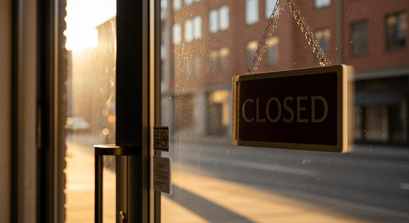 Devanture vitrée fermée avec panneau indiquant la fermeture