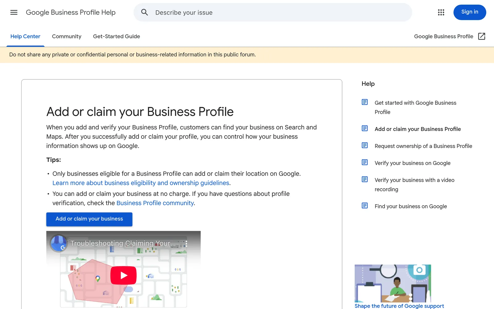 Page d'aide officielle Google pour créer et configurer votre fiche Google Business Profile