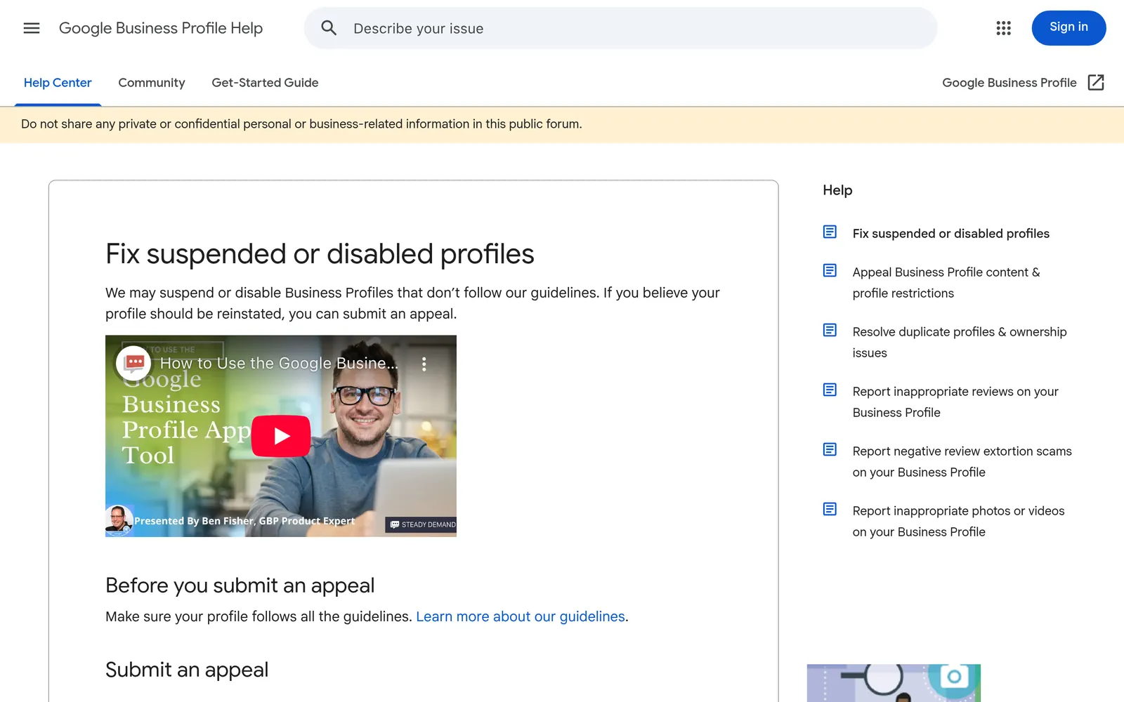 Page d'aide officielle Google pour diagnostiquer et résoudre une suspension de fiche