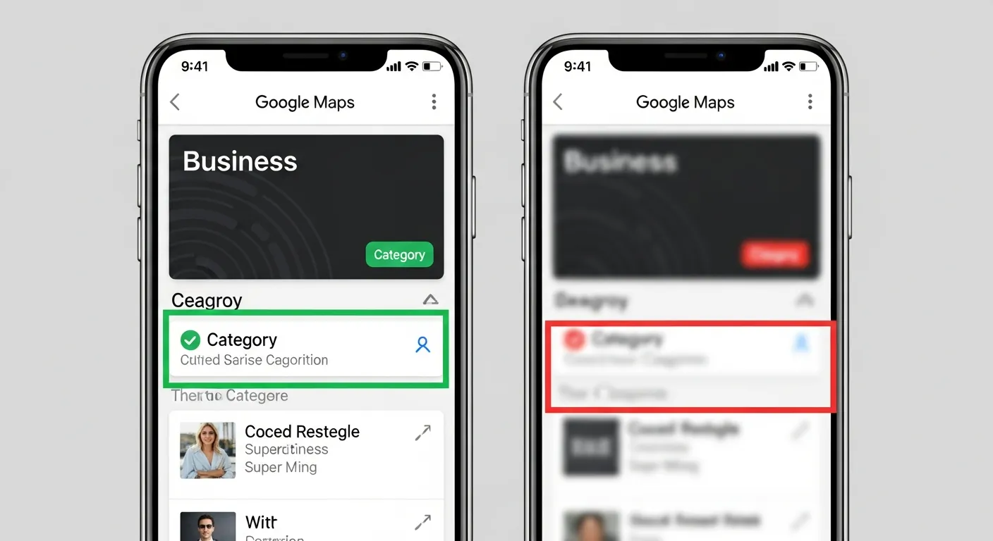 Comparaison de deux fiches Google Maps côte à côte, l'une avec la bonne catégorie bien affichée, l'autre avec une catégorie générique floue