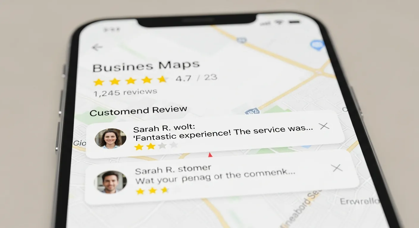 Smartphone affichant des avis Google et une note sur 5 pour un artisan local