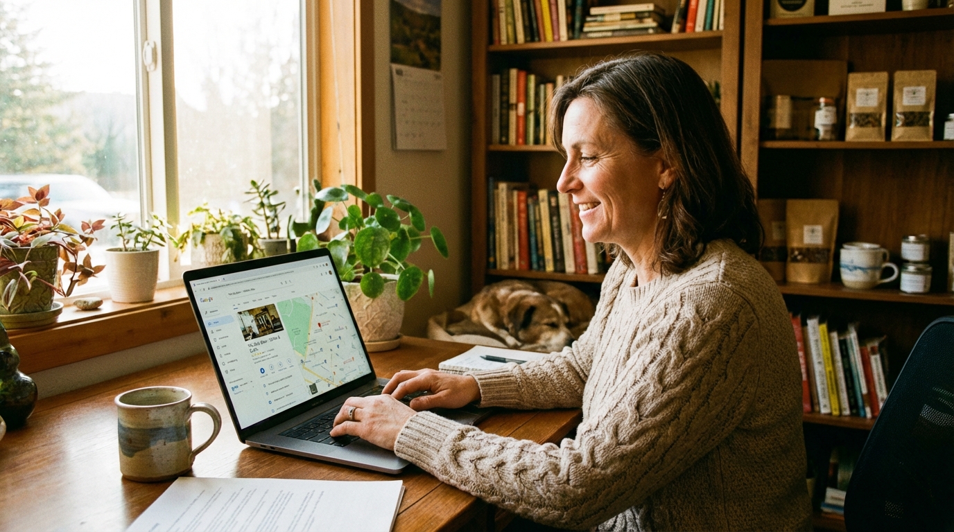 Artisan qui optimise sa fiche Google Business Profile sur ordinateur