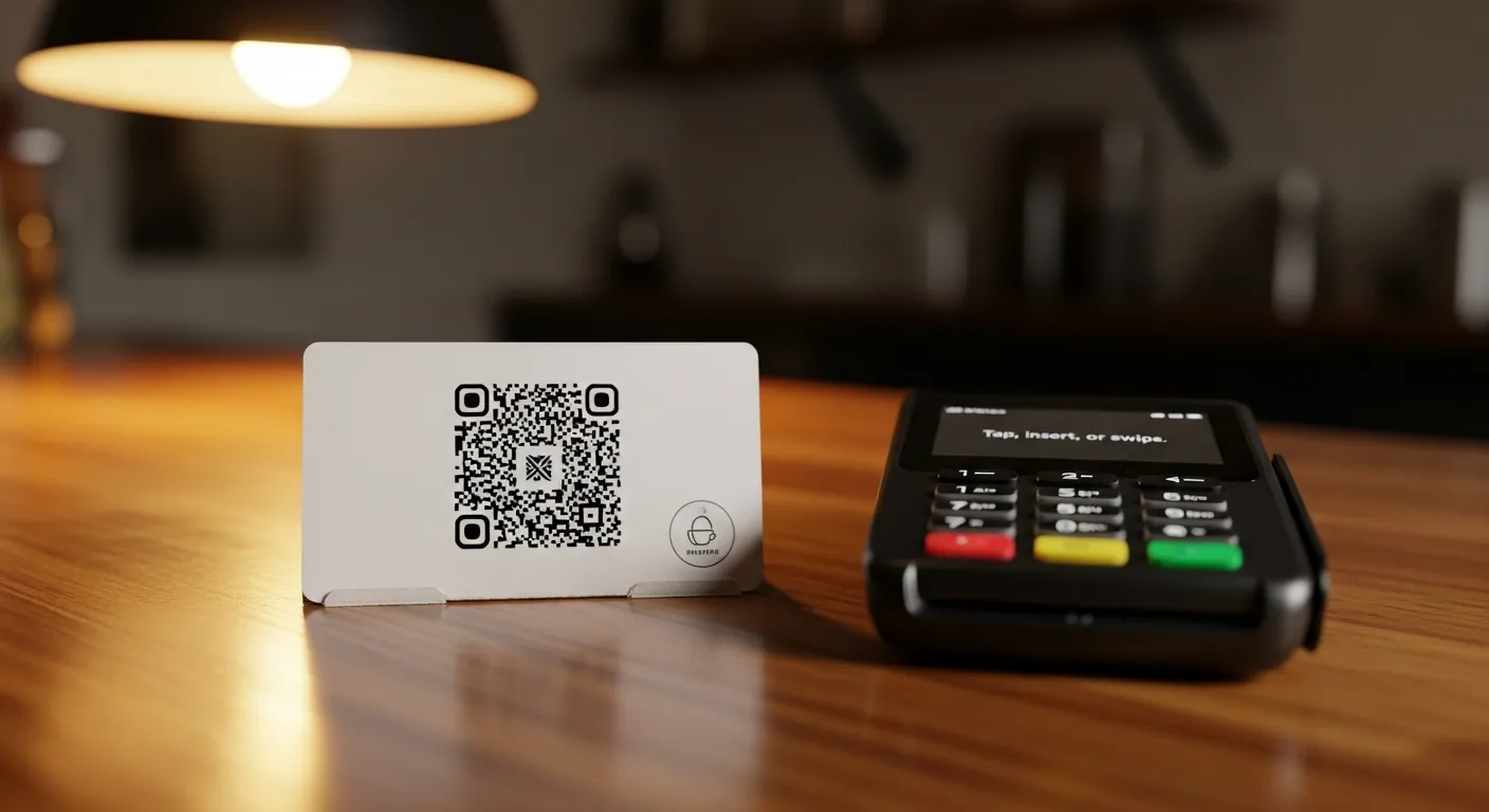 QR code imprimé posé sur un comptoir avec la mention laisser un avis