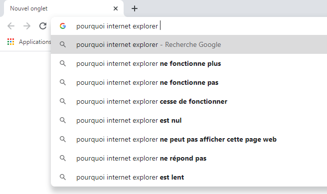 Capture d'écran de Google Suggest pour la requête "pourquoi internet explorer"