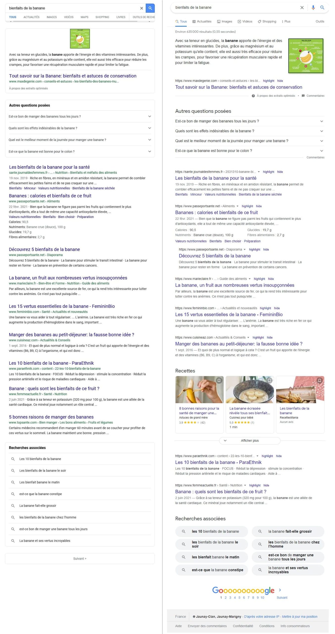  Capture d'écran sur la requête "bienfaits de la banane" : à gauche les résultats sur Internet Explorer, à droite sur Google Chrome 